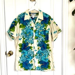 Hawaiian Shirt Blue and Green Floral Print 100% Cotton XL
